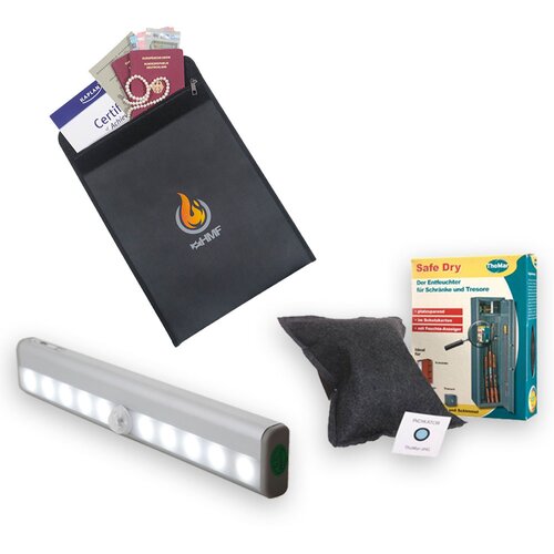 Spar-Paket: LED-Beleuchtung + Safe Dry Entfeuchter + Temperaturbestndige Dokumententasche